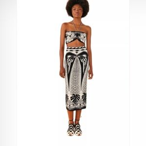 Farm Rio Macaw Elegance Knit Black Midi Skirt